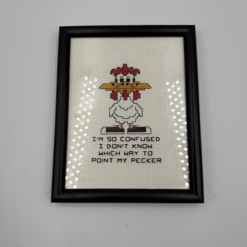 Vintage Funny Chicken Cross Stitch‎ Framed Art Handmade Folk Humor Needlepoint